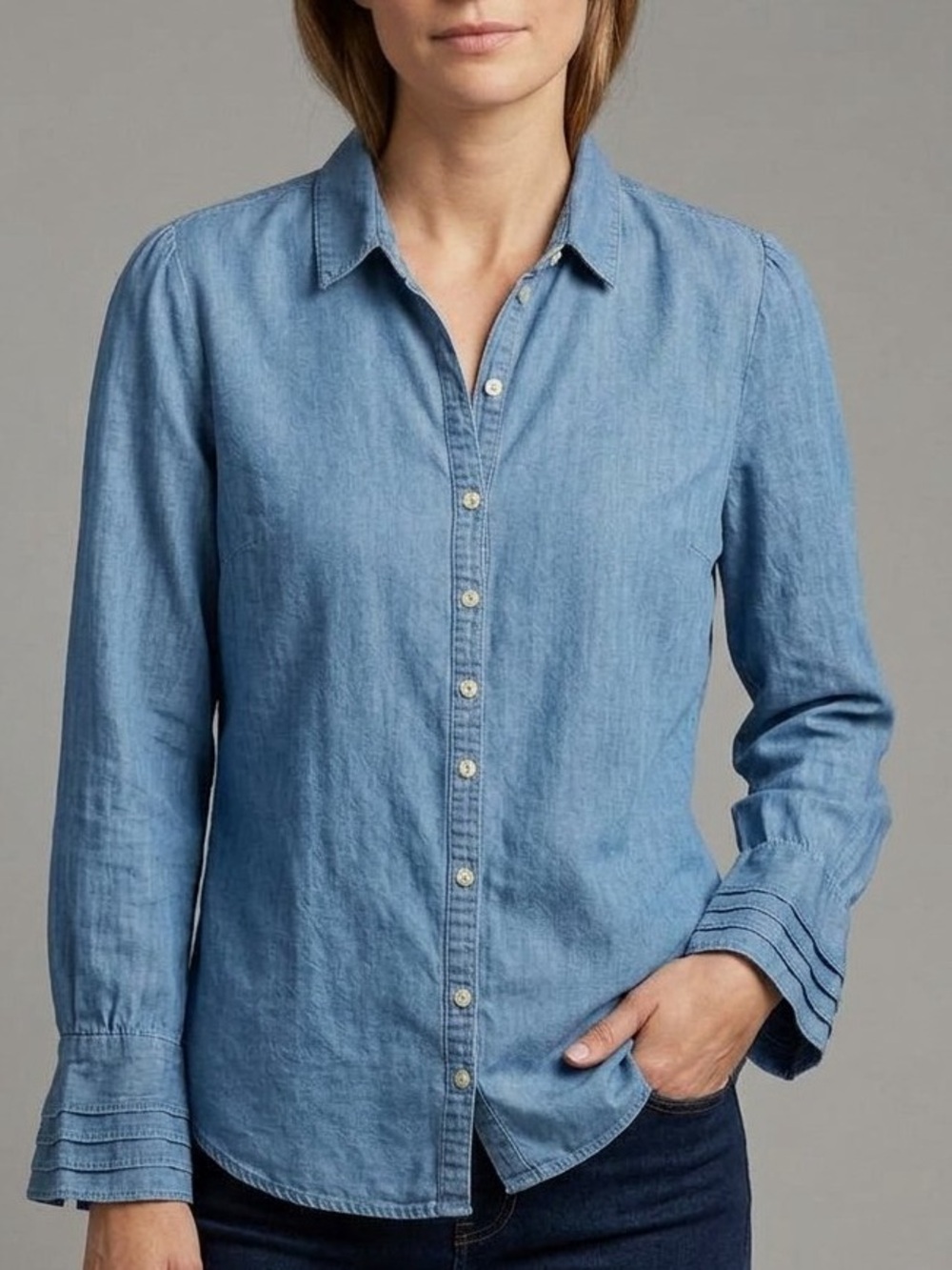 Soft surroundings blue chambray denim button up shirt pleated ruffle cuffs PM